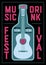 Music and Drink Festival typographic poster design with guitar and bottle. Retro vector illustration.