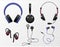 Music earphones. Various types realistic earbuds, wireless headset and portable in ear headphones, sound gadget