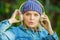 Music fan concept. Headphones must have modern gadget. Enjoy powerful sound. Feeling awesome. Cool funky girl enjoy