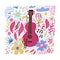 Music festival vector illustration, guitar with floral flowers art. Small waman near huge guita. Hand drawn banner, poster,