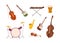 Music instrument set. Electric guitar, drum kit, saxophone, synthesizer, cello and violin. String, percussion, keyboard