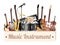 Music instrument wood board with electric acoustic guitar bass drum snare violin ukulele saxophone keyboard microphone and headpho