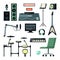 music instruments. audio record studio devices amplifier recorder microphone and rock guitar synthesizer. Vector