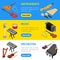 Music Instruments Banner Horizontal Set Isometric View. Vector