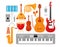 Music instruments flat vector illustrations set. Acoustic and electric guitars isolated on white background. Percussion