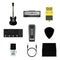 Music instruments icon, guitar, amplifier, signal cable jack,  pick and effect pedal