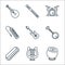 Music instruments line icons. linear set. quality vector line set such as tabla, harp, harmonica, banjo, bass guitar, piano, drums