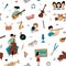 Music lessons students different musical instruments seamless doodle pattern
