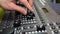 Music or light technology, hands using mixing console in sound recording studio