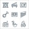 Music line icons. linear set. quality vector line set such as gramophone, sax, radio, chimes, cassette, banjo, turntable, piano