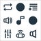 music line icons. linear set. quality vector line set such as muted, portable speaker, tune, play, music note, high volume, add to