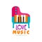 Music logo with colorful grand piano. Large keyboard musical instrument. Vector design for shop emblem, promo poster or