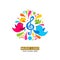 Music logo. A family of birds around a treble clef with colored elements.