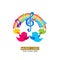 Music logo. A family of birds around a treble clef with colored elements.