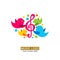 Music logo. A family of birds around a treble clef with colored elements.