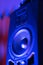 Music loudspeaker sound system in neon blue light