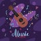 Music is love. Original lettering with ukulele, heart and musical notes on dark violet abstract background. Hobby and interest.