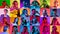 Music lovers. Collage of ethnically diverse people, men and women expressing emotion of pleasure over multicolored neon