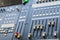 Music mixer equalizer console for mixer control sound device. Sound technician audio mixer equalizer control. Mastering