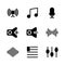 Music and multimedia icon set glyph include circle,music,start,play,signal,phase,connecting,tone,tone,rhythm,speak,microphone,