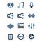 Music and multimedia icon set outline include circle,music,start,play,signal,phase,connecting,tone,tone,rhythm,speak,microphone,