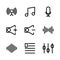 Music and multimedia icon set outline include circle,music,start,play,signal,phase,connecting,tone,tone,rhythm,speak,microphone,
