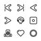 Music and multimedia icon set outline include volume,sound,music,mute,skip,start,audio player,end,play,earphone,headset,headphone,