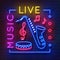 Music neon sign. Glowing karaoke banner, live music light emblem, disco club retro poster. Vector music and sound neon
