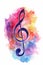 Music note background isolated on a white background showing a colourful watercolour painting of a treble clef