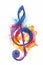 Music note background isolated on a white background showing a colourful watercolour painting of a treble clef