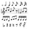 Music notes. Black treble clef stave f sharp minor major sounds vector symbols