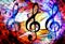 Music notes and clef in space with stars. abstract color background. Music concept.