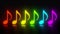 The music notes are gradually light up in color of the rainbow. Abstract neon glowing effect with halo. Concept of music, party an