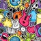 Music party kawaii seamless pattern. Musical instruments, symbols and objects in cartoon style