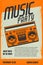 Music party. Poster template with retro style boombox. Design element for banner, sign, flyer.
