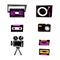 Music player, tape recorder, videotape, movie camera, camera, cassette vector hand drawn illustration
