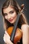 Music portrait of young woman. Violin play.