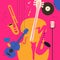 Music promotional poster with violoncello, saxophone, microphone, guitar and trombone flat vector illustration. Colorful music bac