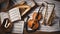 A music room with neon-lit musical instruments and sheet music, celebrating