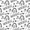 Music seamless pattern with hand drawn headphones and doodle lettering Music. Vector illustration with melody music print.