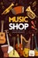 Music shop, folk sound band musical instruments