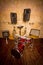 Music speakers drum set on brick wall background on wooden floor