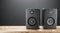 Music speakers on the right on the bookshelf. Free space for your design. Professional wooden bookshelf speaker has a classic,