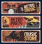 Music store banners, retro music instruments