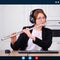 A music teacher plays the flute during a lesson over the Internet, video call. Online training play musical instruments during the
