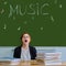 Music teacher yawns at a boring lesson, the concept of problems with learning musical instruments