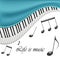 Music text frame with notes and piano keys