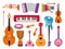 Music tools. Electronic guitar, child musical instruments. Composer objects, cartoon flat kids flute, drum, violin