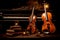 music trio instrument with grand piano, violin and cello decorated with candles and books with black Generative AI