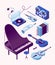 Music, vector isometric illustration, 3d icon set, white background. Piano, bass, guitar, accordion, trumpet, violin